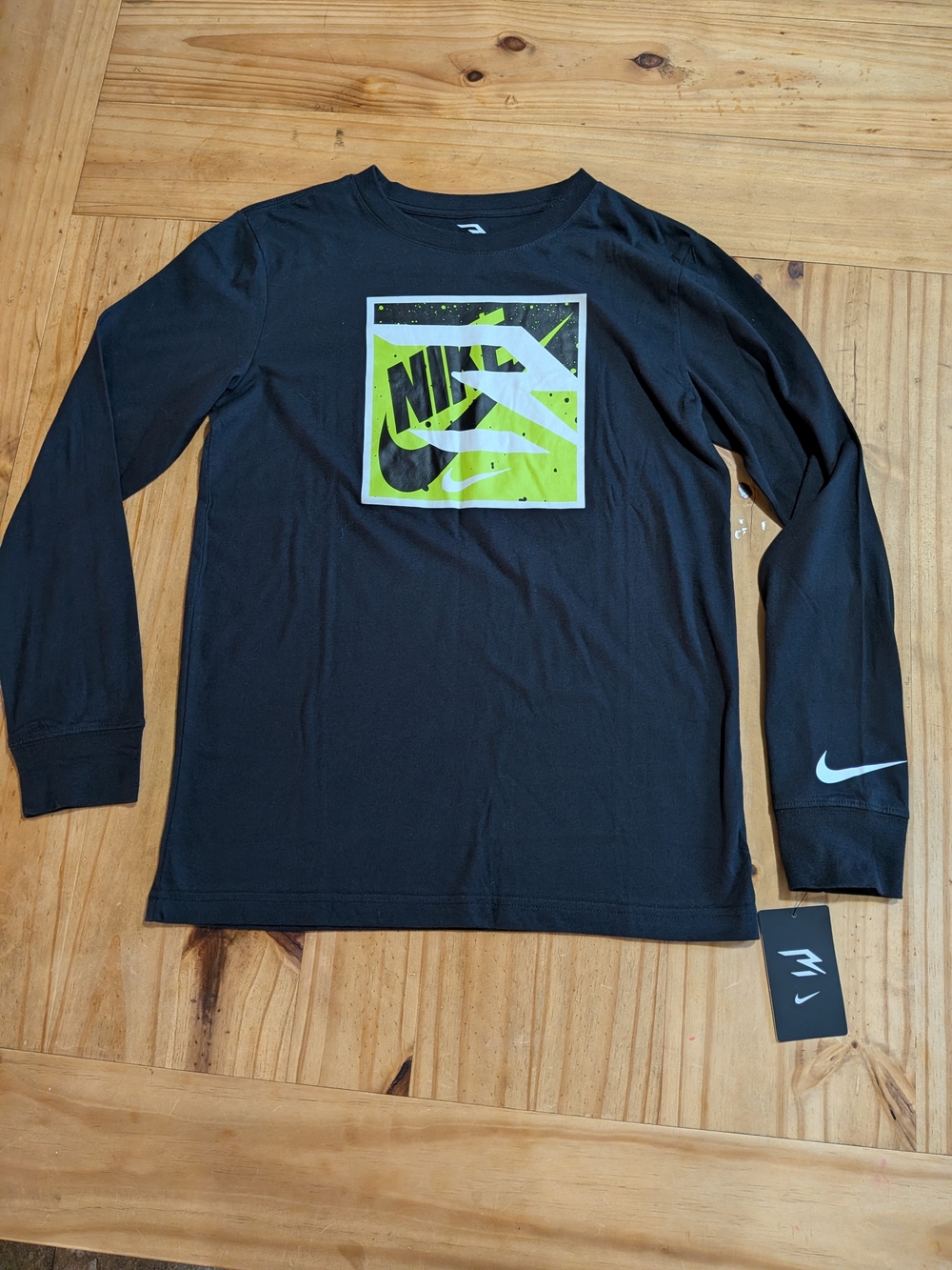 Nike Black Long-Sleeve Tee with Neon Green Logo Block